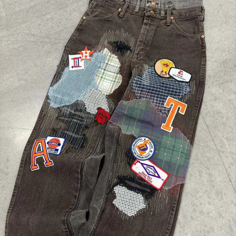 1 OF 1 Fedi Cartel VINTAGE USA MADE BAGGY Brown Patchwork Denim Jeans - 30/28